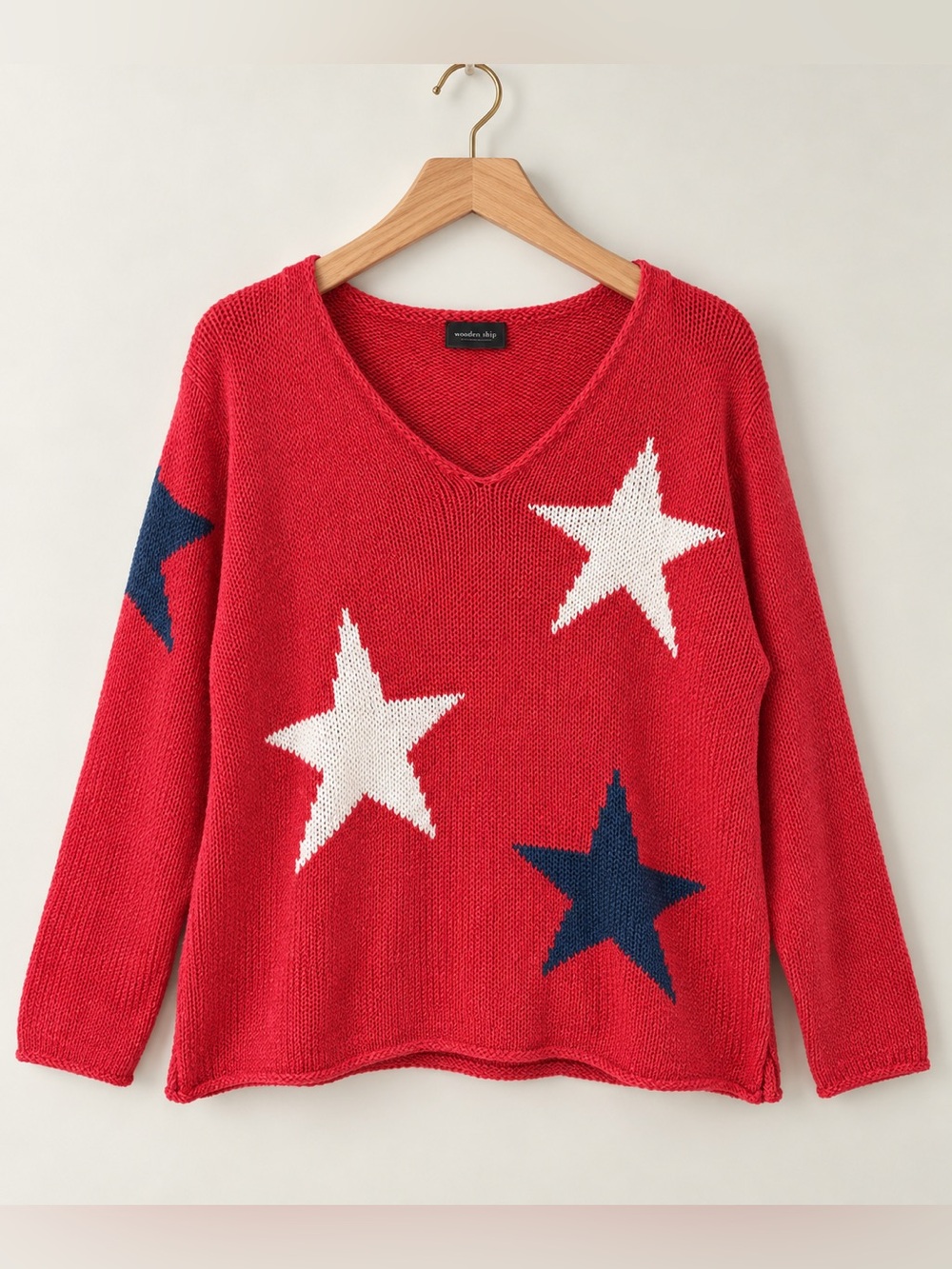 Wooden Ships | Red White Blue Star V Neck Open Knit Sweater Relaxed Fit M/L